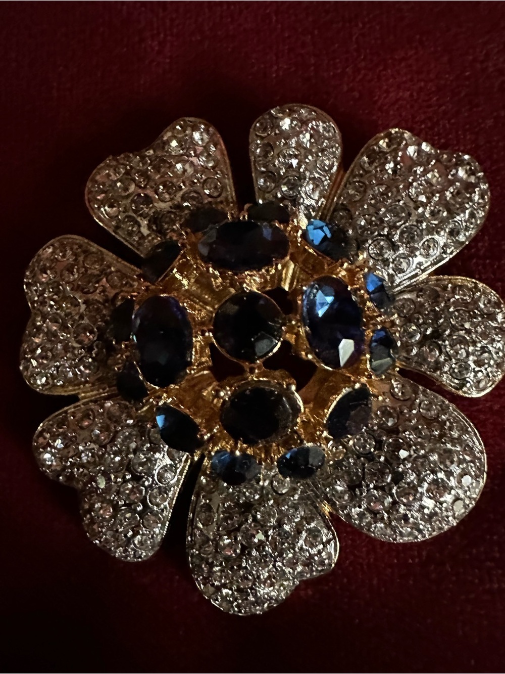 Vintage Gold-Tone Floral Big Brooch with Blue and Clear Crystals